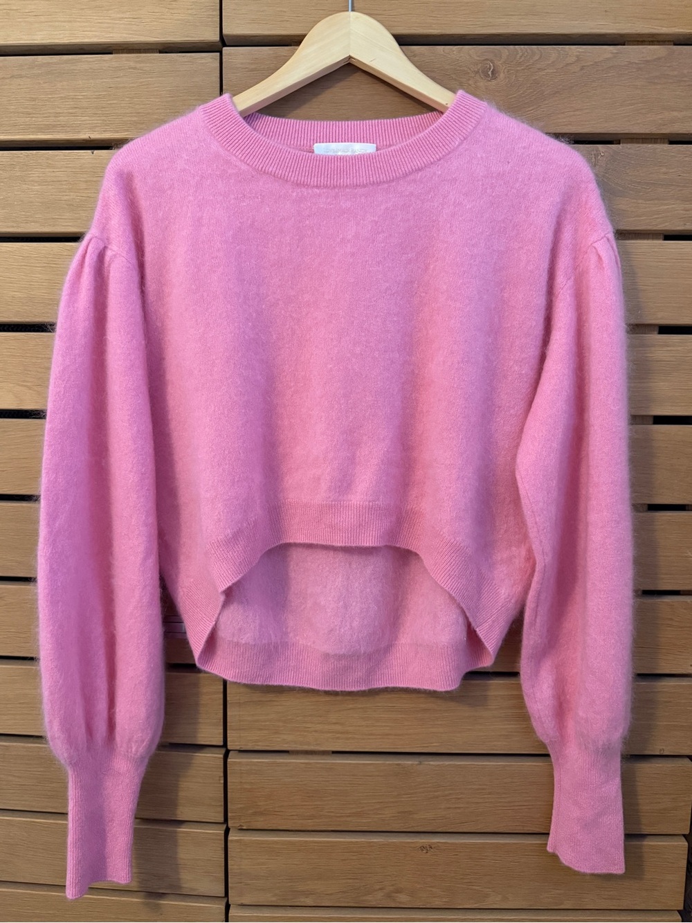 LoveShackFancy Bubblegum Pink Crewneck Puff-Sleeve Sweater